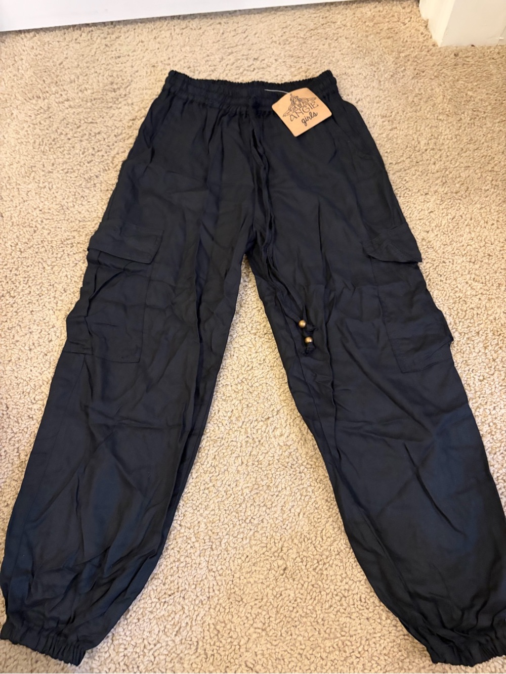 Angie Black Elastic Waist Cargo Joggers with Beaded Drawstring